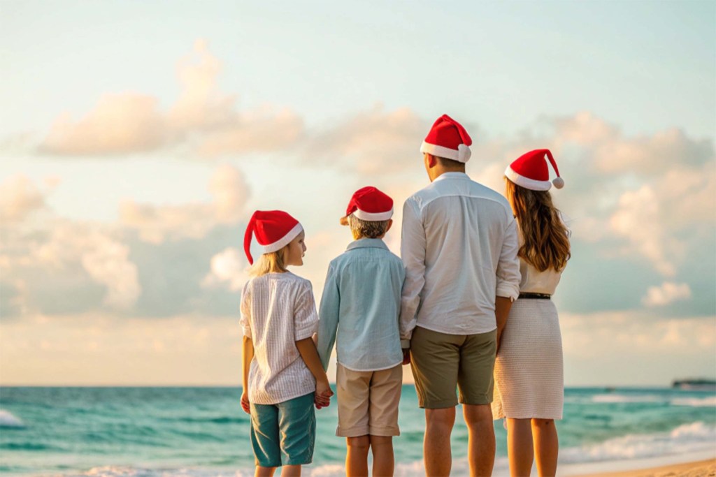 Familia celebrando navidad en hotel de playa
